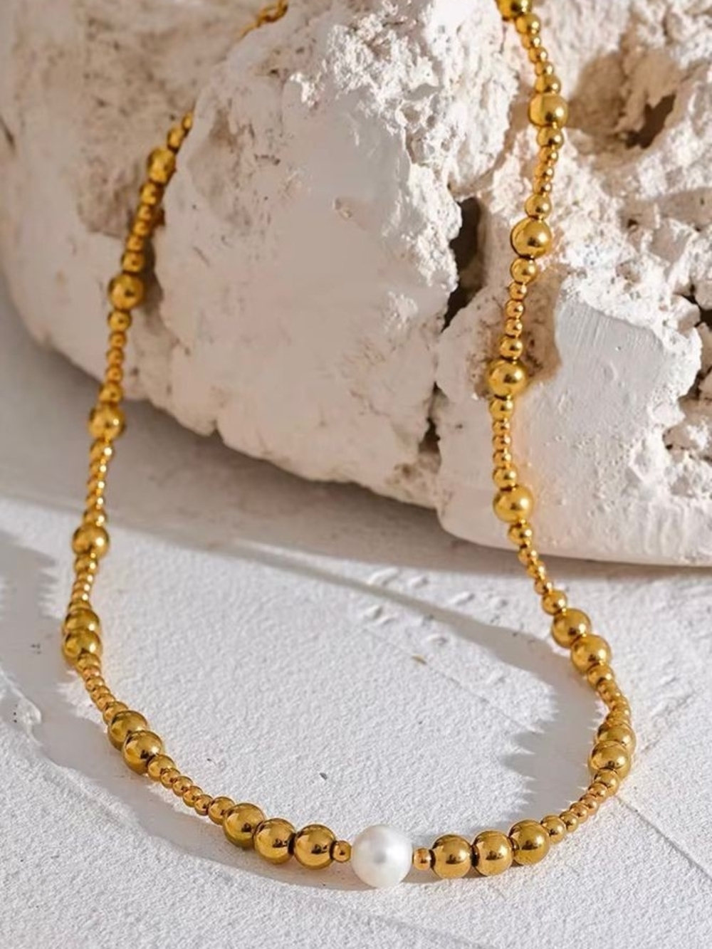 Gold Beaded Necklace with Pearl Accent